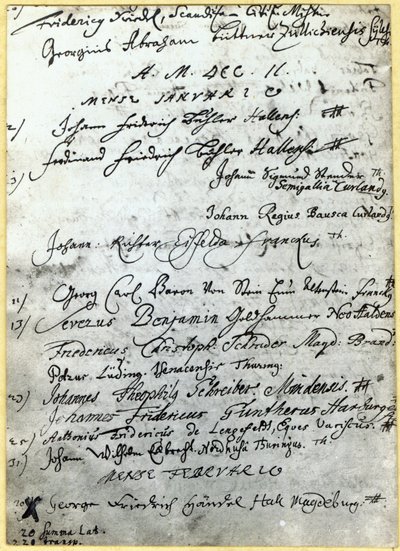 Anteckning i Halle universitets register, som visar Händels namn, 1702 av German School