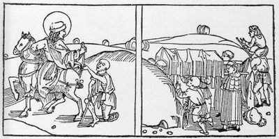 Avsnitt av St Martins liv. Gravyr från "Leben der Heiligen - sommerteil" (Helgonets bok) av Jacobus (James) av Voragine (1228-1298). Lübeck 1488. av German School