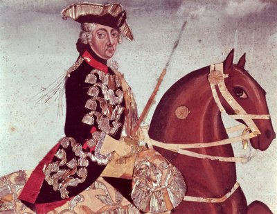 Ridsporträtt av kung Fredrik den Store av Preussen (1712-86) (wc och guldtråd på papper) av German School