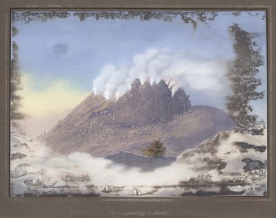 Utbrott vid Merapi-vulkanen med utsikt över kraterns östra ände, november 1836, pl.VI från topografisk och vetenskaplig atlas på resan genom Java, av Dr. Fru Junghuhn, Magdebu av German School