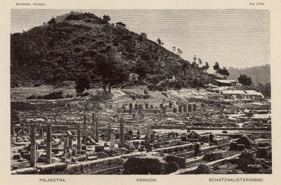 Utgrävning av platsen för det antika Olympia, Grekland: Palaestra, Heratemplet och skattkammaren (gravyr) av German School