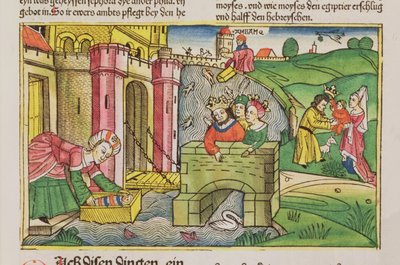2 Mosebok 2 1-6 Moses flöt nerför Nilen och upptäcktes av en av faraos fruar, från Nürnbergbibeln (Biblia Sacra Germanaica) (färgat träsnitt) av German School