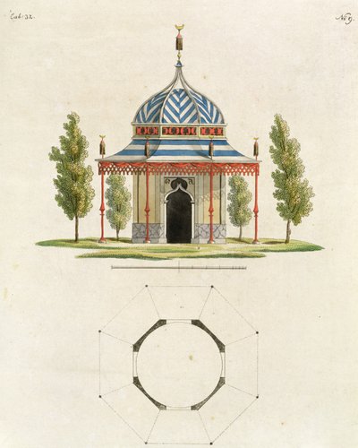 Exteriör av ett kinesiskt trädgårdstempel, från Recent New Ideas for the Garden, publicerad 1779 (färggravyr) (se även 170864) av German School
