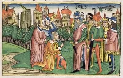 Ezra 6 16 Jerusalems tempel invigs av kung Darius, från Nürnbergbibeln (Biblia Sacra Germanaica) (färgat träsnitt) av German School