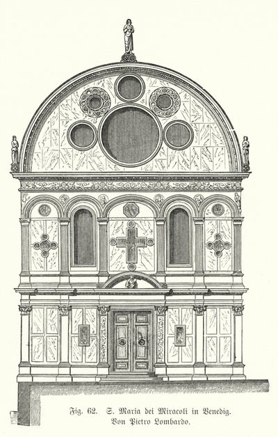 Fasad av kyrkan Santa Maria dei Miracoli, designad av Pietro Lombardo, Venedig, Italien (gravyr) av German School