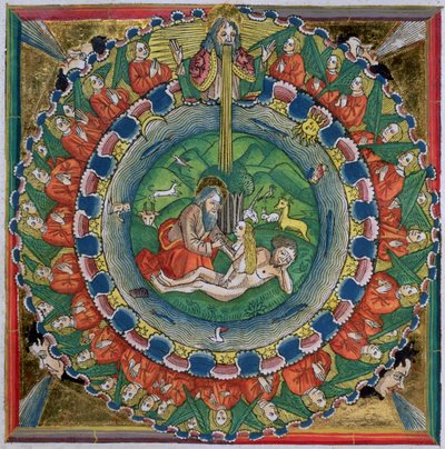 Faksimilkopia av 1 Mosebok 2:22 Gud skapade Eva, från Nürnbergbibeln (Biblia Sacra Germanaica) av German School