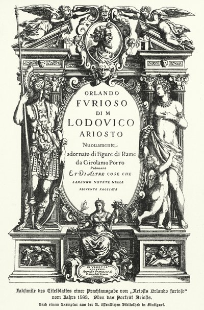 Faksimil av titelsidan för en upplaga från 1583 av den italienske poeten Ludovico Ariostos epos Orlando Furioso (foton) av German School