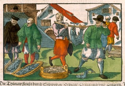 Fiskmarknad, från ett tyskt manuskript, ca 1650 (handfärgat träsnitt) av German School
