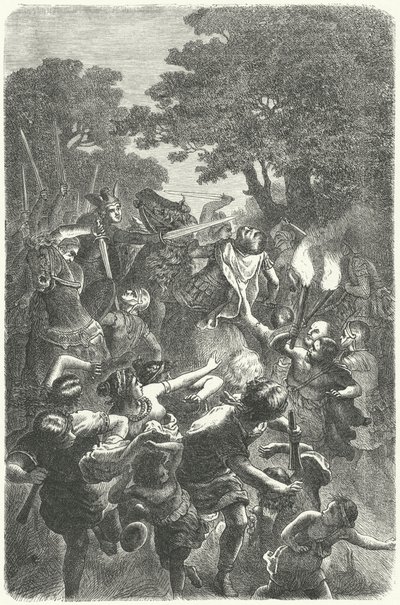 Flyende romare under attack av tyskar (gravyr) av German School