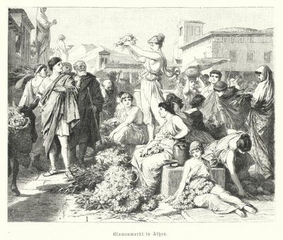 Blomstermarknad i Aten, antikens Grekland (gravyr) av German School