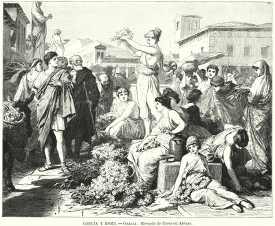 Blomstermarknad i Aten, antikens Grekland (litho) av German School