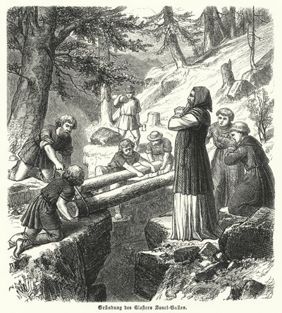 Stiftelsen av Abbey of St Gall, Schweiz, 800-talet (gravyr) av German School