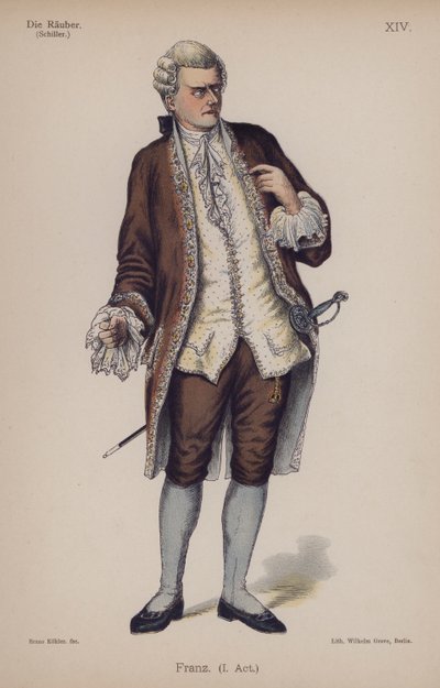 Franz, från Die Rauber (Rånarna) av Friedrich Schiller (färg litho) av German School