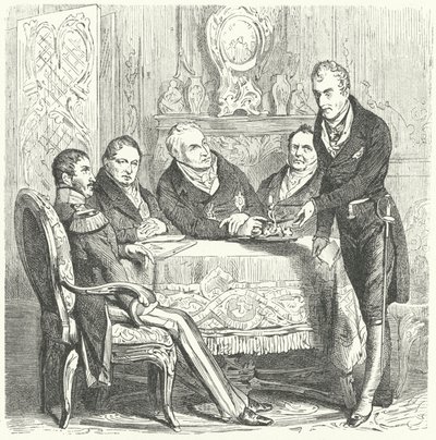 Fredrik Vilhelm III av Preussen i diskussioner med sin premiärminister Karl August von Hardenberg och Klemens von Metternich, Österrikes utrikesminister (gravyr) av German School