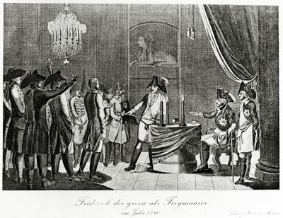 Fredrik den Store tar emot sin svåger Fredrik, markgreve av Brandenburg-Bayreuth som frimurare i Berlin 1740 av German School