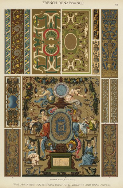 Fransk renässans, väggmålning, polykrom skulptur, vävning och bokomslag (lito i färg) av German School