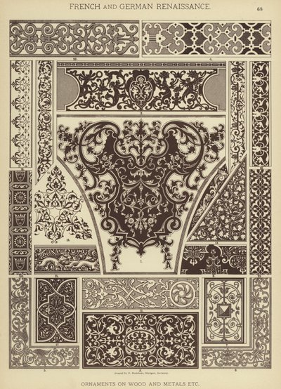 Fransk och tysk renässans, prydnader på trä och metaller etc (färg litho) av German School