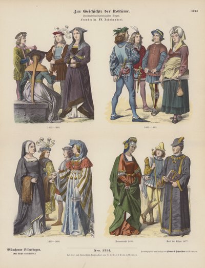 Franska dräkter från 1400-talet (färgad gravyr) av German School