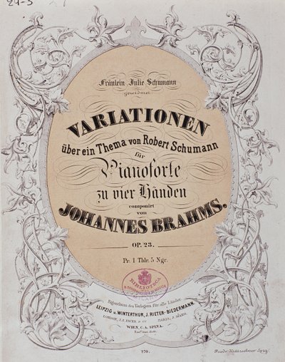 Frontispice av "Variationer på ett tema av Robert Schumann" (Op. 23) av Johannes Brahms (1833-1897) av German School