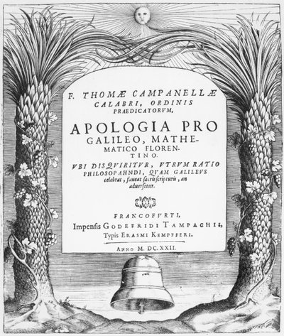 Frontispice till Apologia pro Galileo, Mathematico Florentino av Tommaso Campanella, publicerad i Frankfurt, 1622 av German School