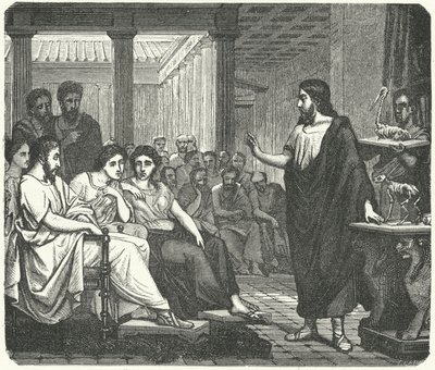 Galenus undervisar i anatomi i antikens Rom (gravyr) av German School
