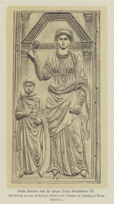 Galla Placidia, dotter till den romerske kejsaren Theodisius I, och hennes son, Valentinian III (gravyr) av German School