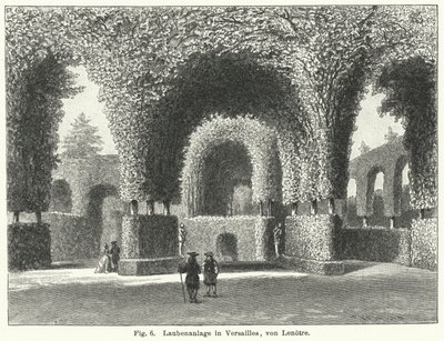 Trädgårdsdesign: bersåer i trädgårdarna i Versailles, Frankrike, anlagda av Andre le Notre på 1600-talet (gravyr) av German School