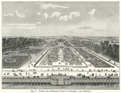 Trädgårdsdesign: trädgårdarna i Chateau de Vaux-le-Vicomte, Maincy, Frankrike, anlagda av Andre le Notre på 1600-talet (gravyr) av German School