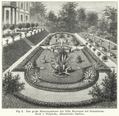 Trädgårdsdesign: stor parterre i Monrepos, bo efter bankiren och amatörastronomen Heinrich Eduard von Lade, Geisenheim, Tyskland (gravyr) av German School