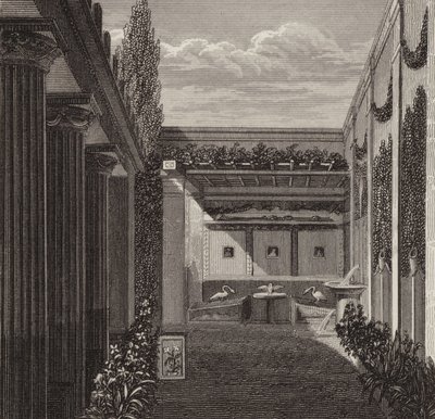 Trädgård av ett romerskt hus. Illustration för Bilder-Atlas (gravyr) av German School