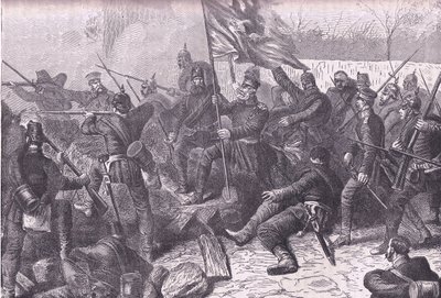 General von Budretzky ledde attacken mot Le Bourget, Cassells History of the War between France and Germany publicerad av Cassell and Company Limited, ca 1890 (litho) av German School