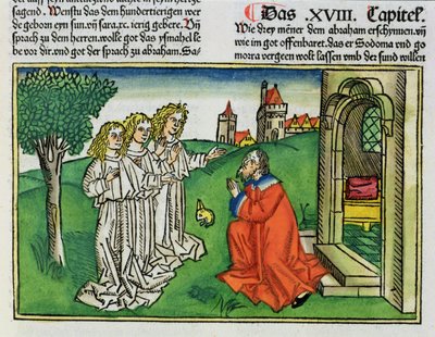 Första Mosebok 18 2 Abraham och de tre änglarna, från Nürnbergbibeln (Biblia Sacra Germanaica) (färgat träsnitt) av German School