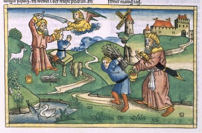 Första Mosebok 21 1-14 Abrahams offrar av Isak, från Nürnbergbibeln (Biblia Sacra Germanaica) (färgat träsnitt) av German School