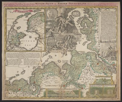 Geografisk presentation av den eländiga vattenöversvämningen i Nedre Tyskland, som ägde rum den 25 december 1717, ca 1718 (tryck) av German School
