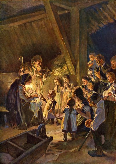 Tysk julscen med barn, ca 1908 (tryck) av German School