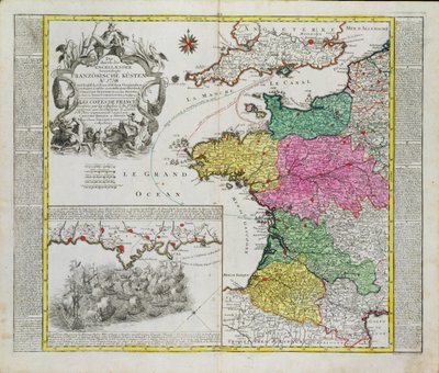 Tysk karta som visar engelska flottangrepp på franska hamnar 1758 av German School
