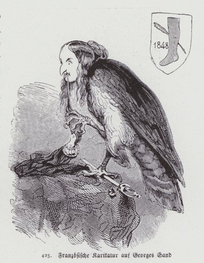 Tysk karikatyr av den franska kvinnliga författaren George Sand från 1800-talet (litho) av German School