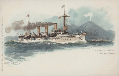 Tyska kryssaren Gefion i Neapelbukten, Italien (chromolitho) av German School