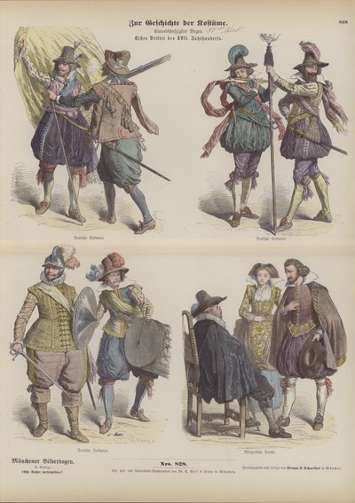 Tyska militär- och borgerliga dräkter, tidigt 1600-tal (färgad gravyr) av German School