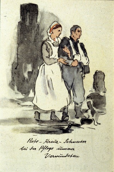 Tysk sjuksköterska stödjer en skadad man. 1942. av German School