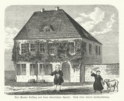 Den tyske filosofen och dramatikern Gotthold Ephraim Lessing utanför sin fars hus i Kamenz som pojke (gravyr) av German School