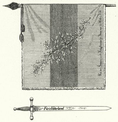 Tyska studentbroderskapets flagga och svärd (gravyr) av German School
