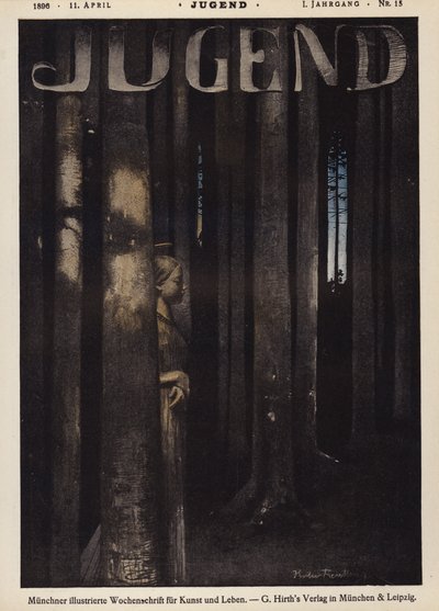 Flicka som går i en skog på natten (färg litho) av German School