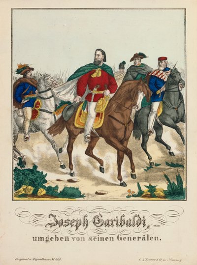 Giuseppe Garibaldi omgiven av sina generaler, utgiven av G.N. Renner, Nürnberg, 1866 av German School