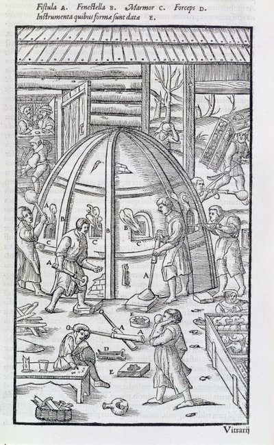 Glasbruk, illustration som visar marmorugnen och glasblåsare (träsnitt) av German School