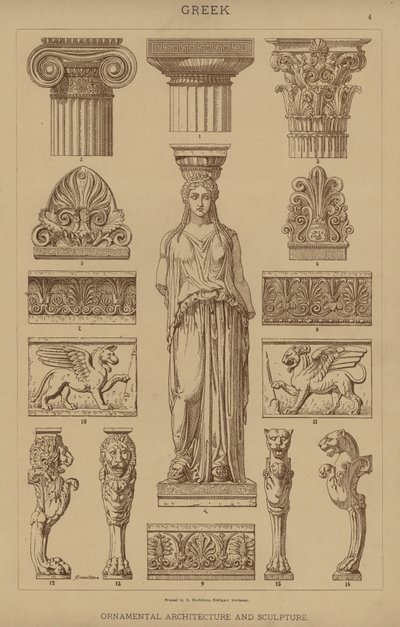 Grekisk, prydnadsarkitektur och skulptur (färg litho) av German School