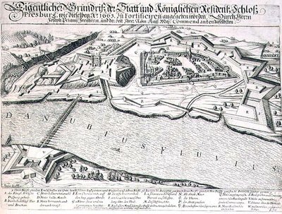 Grundplan över staden och slottet Pressburg och dess befästningar 1663, illustration från en bok om de osmanska fälttågen i Europa, graverad av Paul Furst (ca 1605-66) (gravyr) av German School