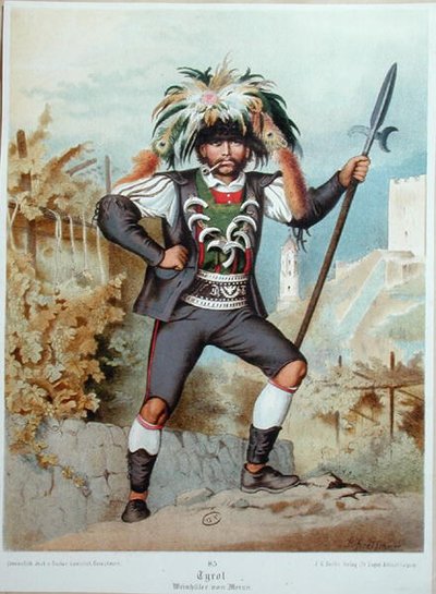 Vakta vingårdarna i Meran i Tyrolen (färg litho) av German School