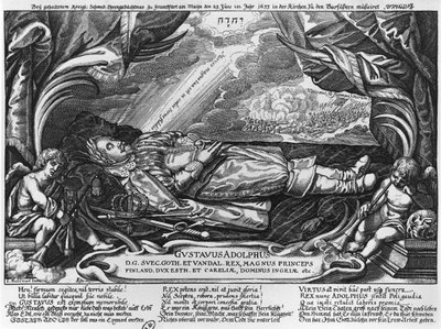 Gustav Adolf II (1594-1632) kung av Sverige, på sin dödsbädd, 1633 av German School