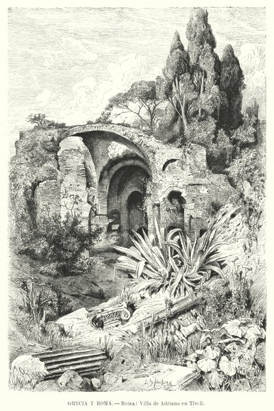 Hadrianus villa, Tivoli, Italien (litho) av German School